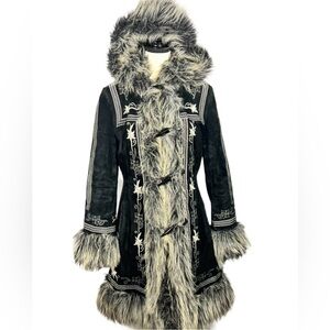 TAUNT Vintage Penny Lane–Style Suede Afghan Coat Faux Fur Hood Y2K | M